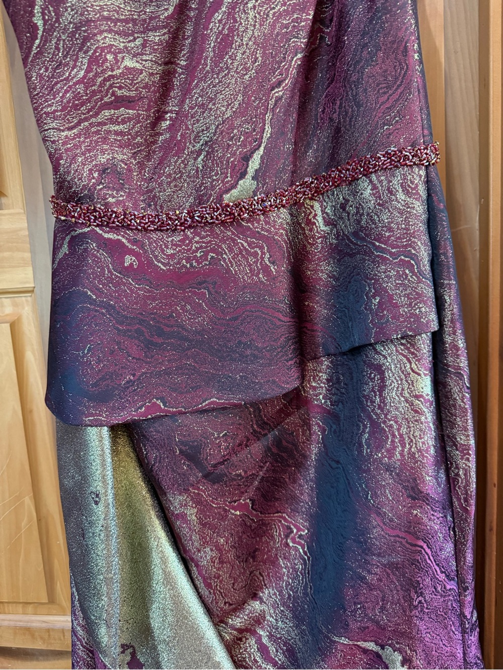Terani Couture One-Shoulder Burgundy and Metallic Gold Gown - Picture 4 of 14